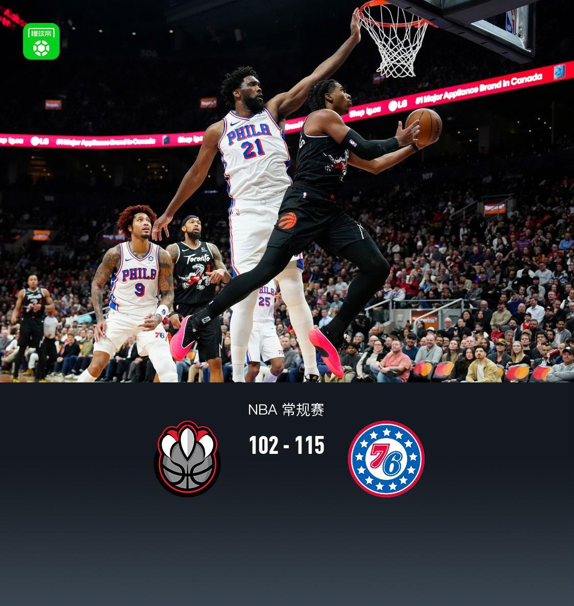 星空官网-76人115-102猛龙，马克西33+4+2，恩比德27+8